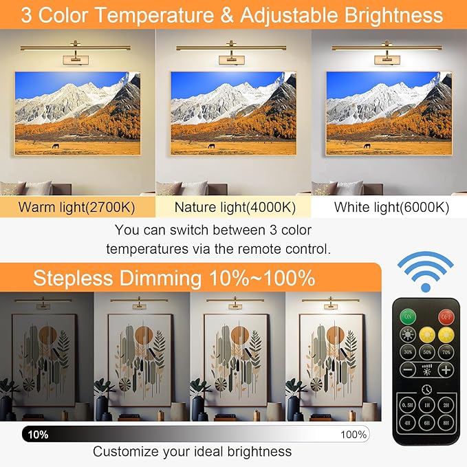 Tassuowell Picture Light Battery Operated with Remote, 3CCT Dimmable Picture Light for Paintings, Brass Rechargeable 24 inch Battery Operated Wall Sconce for Art Lighting Gallery Portrait Artwork