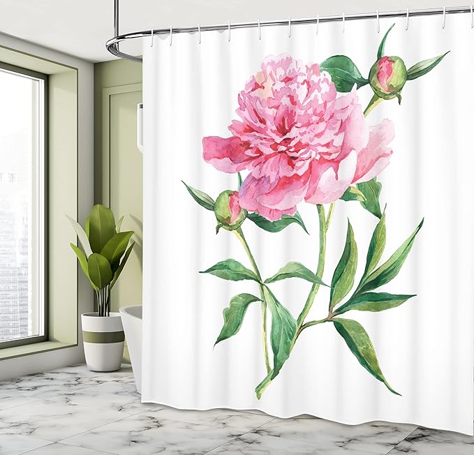 Ambesonne Watercolor Flower Shower Curtain, Vintage Peony Painting Botanical Spring Garden Flower Nature Theme, Cloth Fabric Bathroom Decor Set with Hooks, 69" W x 84" L, Pink White Green