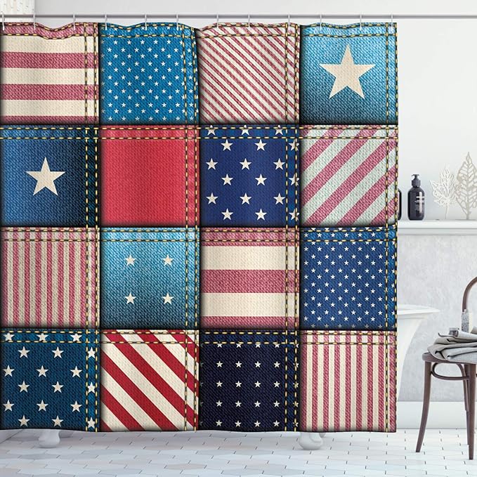 Ambesonne United States Shower Curtain, American Flag Patchwork with Vertical and Horizontal Stripe and Star Forms, Cloth Fabric Bathroom Decor Set with Hooks, 69" W x 70" L, Aqua Red