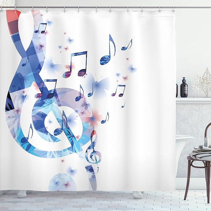 Ambesonne Music Shower Curtain, G-Clef Key Instrument Creative Rhythmic Ornate Motifs Digital Design Print, Cloth Fabric Bathroom Decor Set with Hooks, 69" W x 70" L, Ceil Blue