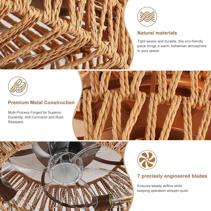 Depuley Boho Ceiling Fan with Light: 20 Inch Textured Rope Flush Mount Fandelier with Remote and Timer Control - Walnut Caged Ceiling Fan with 6 Speeds - Indoor Quiet Fan for Bedroom and Living Room