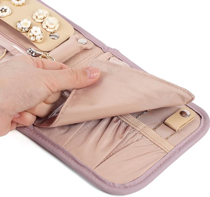 BELALIFE Travel Jewelry Case, Jewelry Organizer Roll for Accessories | Bag with foldable roll design for earrings, necklaces, rings, bracelets and brooches,Peach-Pink