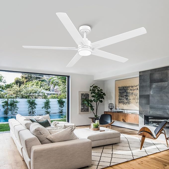 60 Inch White Ceiling Fan with Light and Remote Control,Dimmable 3 Color Temperatures LED Ceiling Fan,6 Speeds Reversible DC Motor,5 Blades Modern Ceiling Fans for Indoor or Covered Outdoor