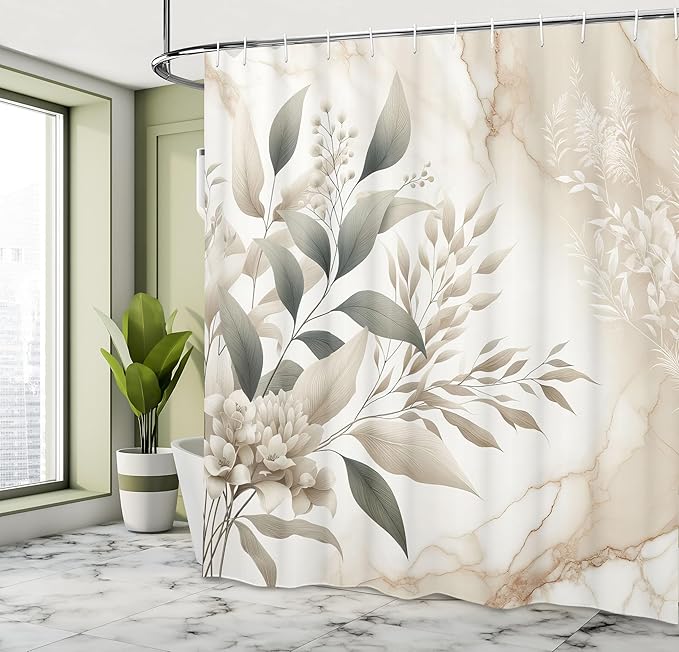 Ambesonne Neutral Shower Curtain, Romantic Cottagecore Wild Flowers Bouquet on Marble Background Print, Cloth Fabric Bathroom Decor Set with Hooks, 69" W x 70" L, Sepia and Dark Sea Green