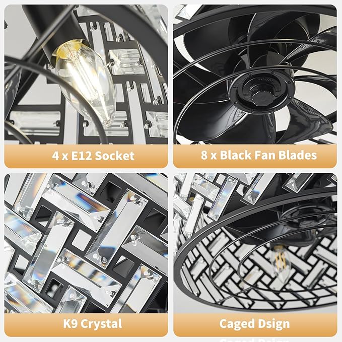 Black Small Bedroom Ceiling Fans with Lights and Remote 4-Light Crystal Black Farmhouse Flush Mount Fandeliers for Bedroom Quiet Fan Light Fixture, 18" Modern Chandelier with Fan 8 Blades
