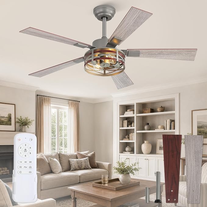 Fanbulous Farmhouse Ceiling Fans with Light, 48 Inch Bedroom Ceiling Fan with Lights, 6-Speed Adjustable, Quiet and Reversible DC Motor, 5 Dual Finish Blades, Rustic Caged Ceiling Fan，Brushed Nickel