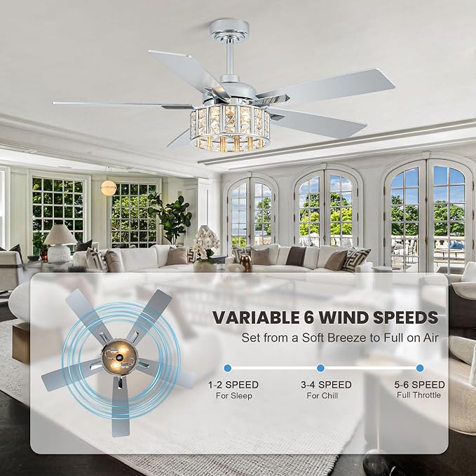 52" Modern Crystal Chandelier Ceiling Fans with Lights for Living Room | K9 Crystal Fandelier Fan Quiet Reversible DC Motor 6 Speeds Timer E26 Bedroom