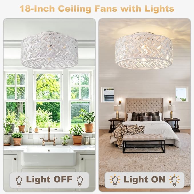 18 Inch Caged Ceiling Fan with Light and Remote, Painted White Flush Mount Fandelier Ceiling Fan with Remote & App Control, Quiet DC Motor Low Profile Crystal Ceiling Fan for Bedroom, Kitchen