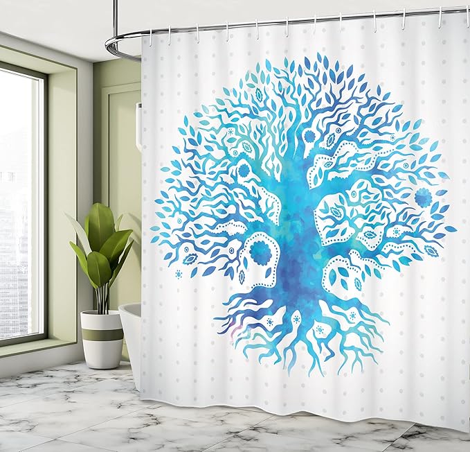 Ambesonne Tree Shower Curtain, Ethnic Watercolor Effect Tree of Life Figure on Polka Dot Pattern Ancient Art Image, Cloth Fabric Bathroom Decor Set with Hooks, 69" W x 75" L, White Sky