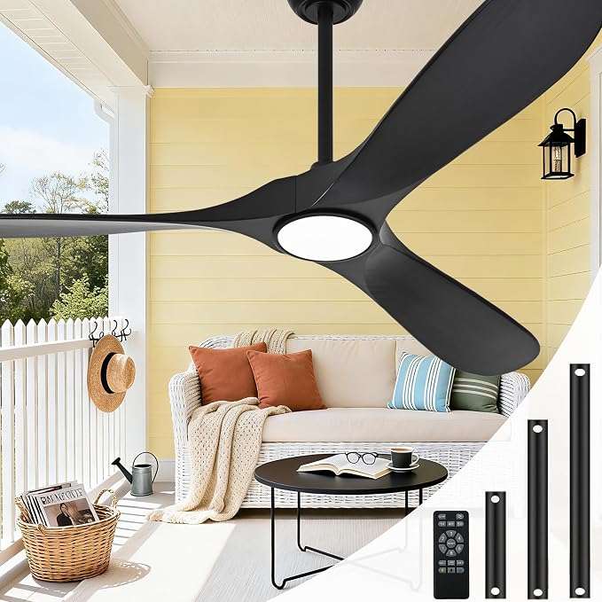Black Ceiling Fan with Light 52 Inch, Outdoor Ceiling Fans with Lights and Remote for Indoor Bedroom Living Room Patios Gazebo Modern Wooden 3 Blade Propeller Wet Rated Reversible DC Fan