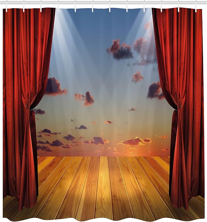Ambesonne Musical Theatre Shower Curtain, Abstract Dreamlike Fantasy Stage with Drapes Dramatic Cloudy Sunset Sky, Cloth Fabric Bathroom Decor Set with Hooks, 69" W x 70" L, Multicolor
