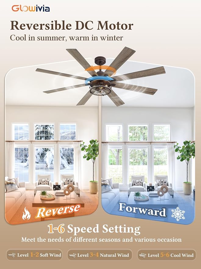 65 Inch Ceiling Fans with Lights, Farmhouse Ceiling Fan with Lights and Remote, Dual Finish 8 Blades Caged Rustic Ceiling Fans with 6 Speed Reversible Motor for Indoor/Covered Outdoor