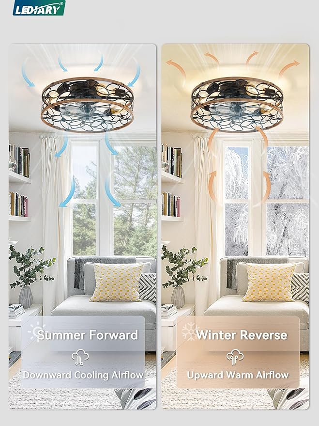 LEDIARY 20 Inch Caged Ceiling Fans with Lights, Farmhouse Flush Mount Ceiling Fan with Remote, Black&Walnut Low Profile Ceiling Fan Light Fixture for Bedroom, Kitchen, Dining Room