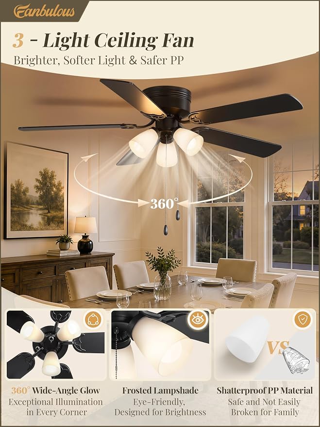 Fanbulous 52" Farmhouse Ceiling Fan with Light, Remote & Pull Chain Control | Shatterproof PP Shades, DC Quiet Motor, 6-Speed Timer, Low Profile Flush Mount for Bedroom, Living Room, Kitchen, Black