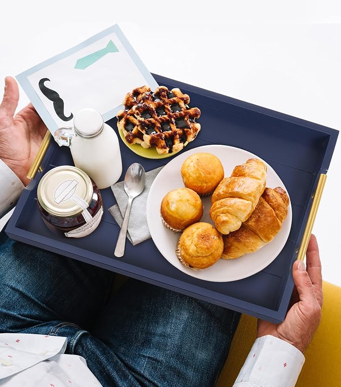 SXNOWS Wooden Serving Tray with 2 Sets of Handles,Navy Blue | Rectangle 16.5x13 Inch Ottoman Decorative Tray for Coffee Table Kitchen Bar Living Room Breakfast in Bed, 4 Coasters Included