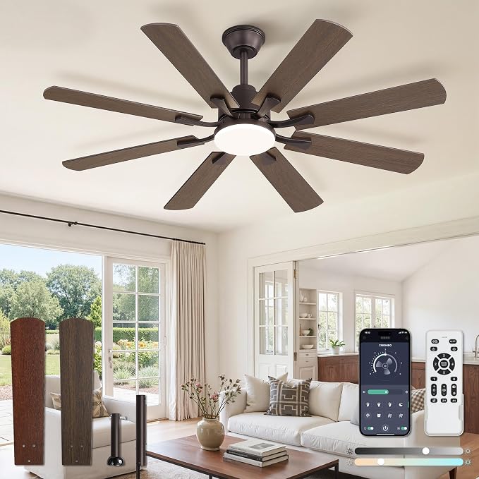 ZMISHIBO 52 inch Ceiling Fan with Light and Remote, 8 Blades Ceiling Fans with 20W LED Light, Quiet DC Motor, 6 Speeds, Stepless CCT & Dimmable, for Bedroom Living Room, Oil Bronze
