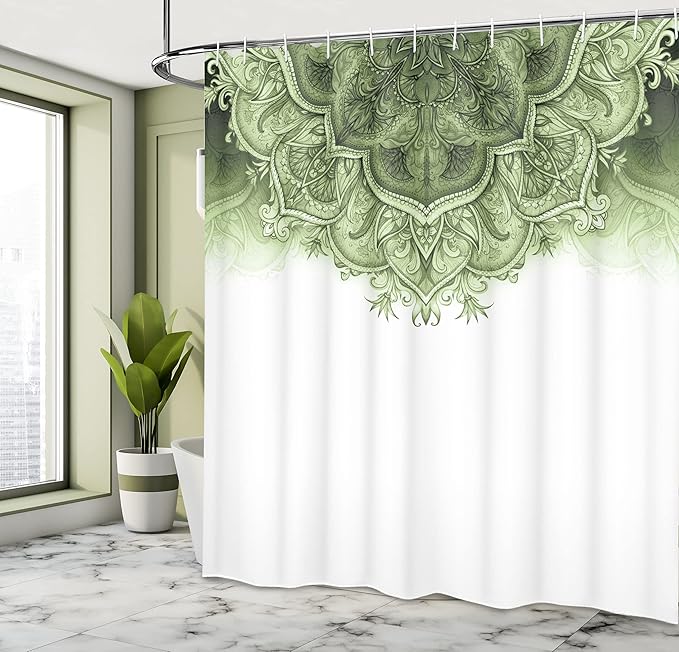 Ambesonne Moroccan Shower Curtain, Floral Art Vintage Style Eastern Architectural Elements Oriental Pattern, Cloth Fabric Bathroom Decor Set with Hooks, 69" W x 75" L, Light Green
