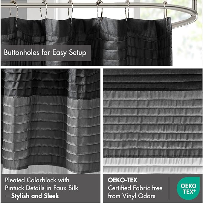 Madison Park Amherst Bathroom Shower Curtain Faux Silk Pieced Striped Modern Microfiber Bath Curtains, 72x84 Inches, Black