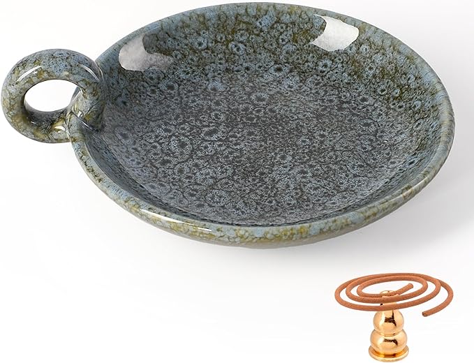 Ceramic Candle Holders with Handle, Palo Santo Holder for Burning, Vintage Farmhouse Smudge Incense Stick Bowl, Sage Burner Tray, Ash Catcher Plate for Meditation Room Home Decor (Blue Grey)