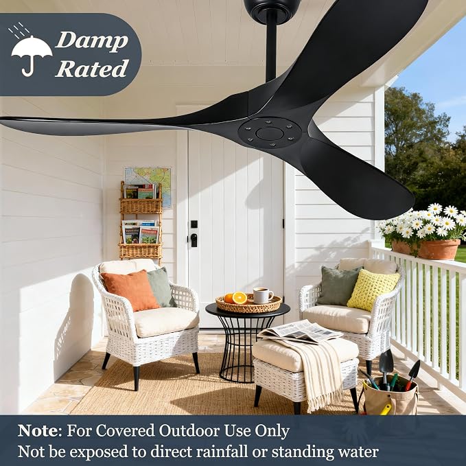 52 Inch Black Outdoor Ceiling Fan No Light, 3 Blade Wood Propeller Ceiling Fans for Patios, Wet Rated Indoor Ceiling Fan without Light for Living Room Bedroom with Remote