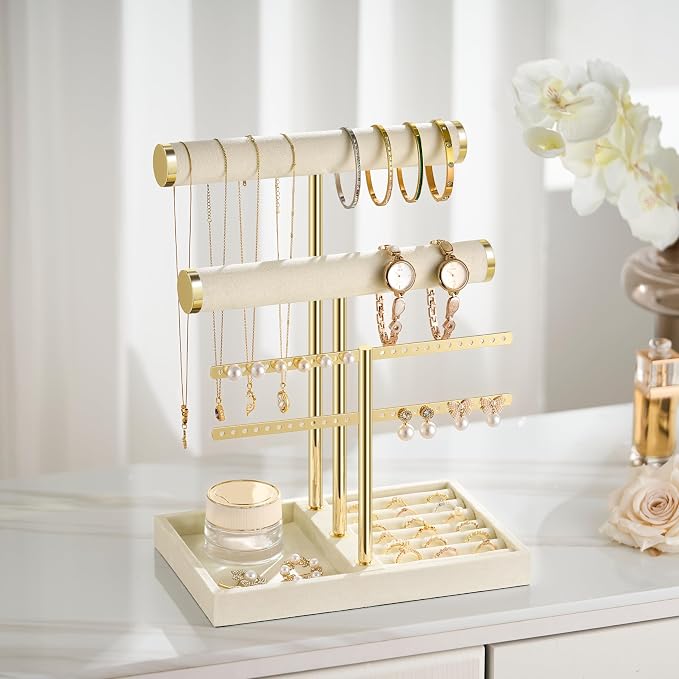 Jewelry Organizer Stand for Necklaces, Bracelets, Earrings, Rings, Beige | 3 Tier Velvet Bracelet Holder Display | Jewelry Organizers and Storage | Jewelry Tree | Jewelry Towers