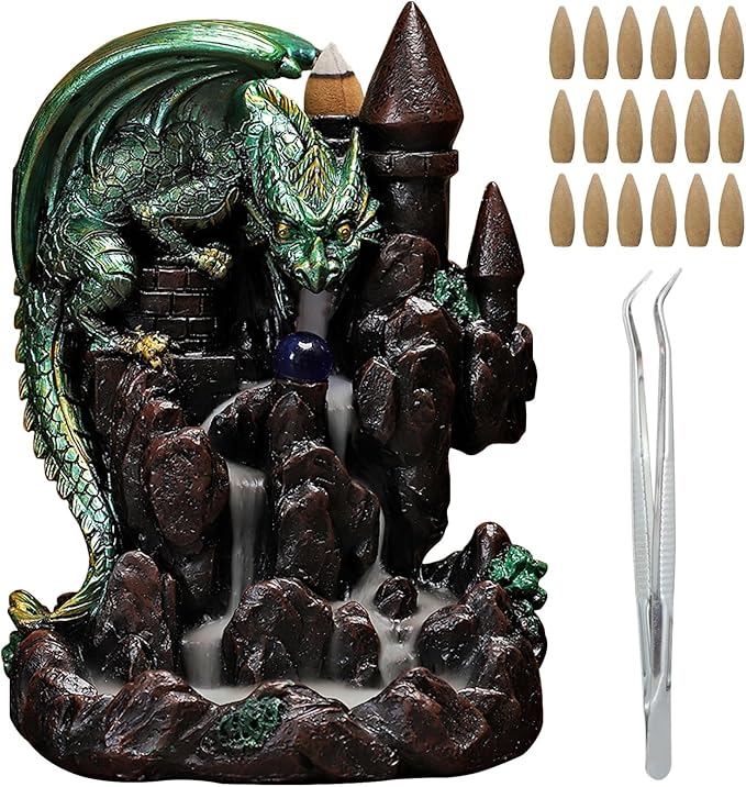 Dragon Backflow Incense Burner, Waterfall Incense Burner Mountain Backflow Incense Holder,Resin Castle and Dragon,Includes 60 Sandalwood Cones and Tweezers,for Home Decoration and Relaxation