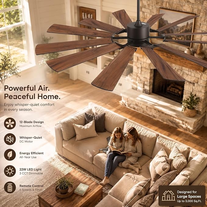 62 Inch Outdoor Windmill Ceiling Fan with Light for Patios, ETL Rustic Farmhouse, Large Airflow High 8095 CFM, 3 Downrod, Quiet Reversible DC Motor for Living Room Bedroom Garage Dual Finish 12 Blades