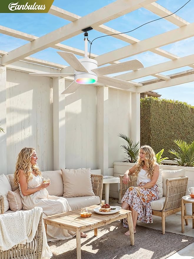 Fanbulous 42" Outdoor Ceiling Fans with Lights, APP Remote Control, IP65 Waterproof, RGB Dimmable Light, Plug in with 10FT Cord, 6-Speeds, 3CCT, Hook Hanging Fan for Gazebo Patio Porch Canopy(White)