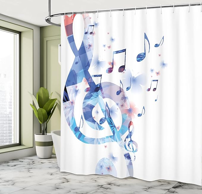 Ambesonne Music Shower Curtain, G-Clef Key Instrument Creative Rhythmic Ornate Motifs Digital Design Print, Cloth Fabric Bathroom Decor Set with Hooks, 69" W x 70" L, Ceil Blue