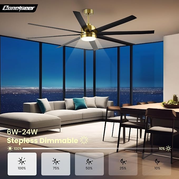 Conciseer 65 Inch Ceiling Fans with Lights and Remote for Bedroom Living Room Kitchen Office, Indoor/Outdoor Use, 3CCT, 8 Blades 6 Speed Reversible Dimmable Quiet DC Motor, Gold/Black