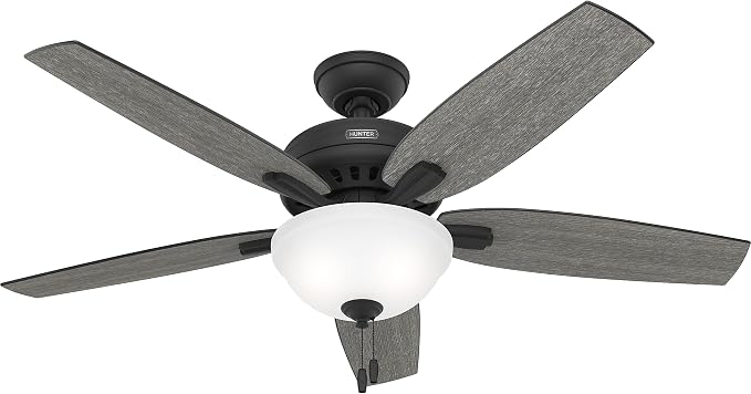 Hunter 52 inch Indoor Ceiling Fan with LED Light - Black Ceiling Fan with Pull Chain, for Bedroom or Living Room, Standard Mount, No Remote, 5 Blades, Includes Bulbs - Newsome 52395, Matte Black | Standard Mount, Pull Chain, 5 Blades, For Bedroom, Livi...
