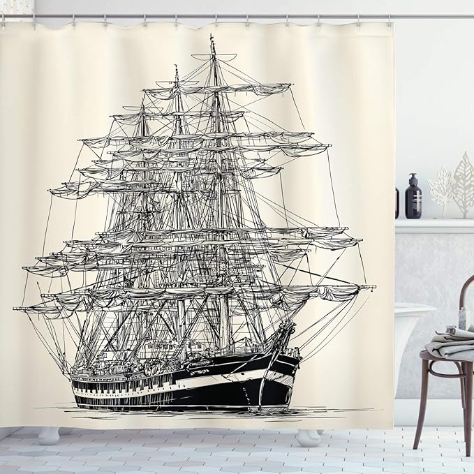 Ambesonne Pirate Ship Shower Curtain, Sailing Boat Detailed Illustration Nautical Maritime Theme Vintage Style Art, Cloth Fabric Bathroom Decor Set with Hooks, 69" W x 70" L, Cream Black