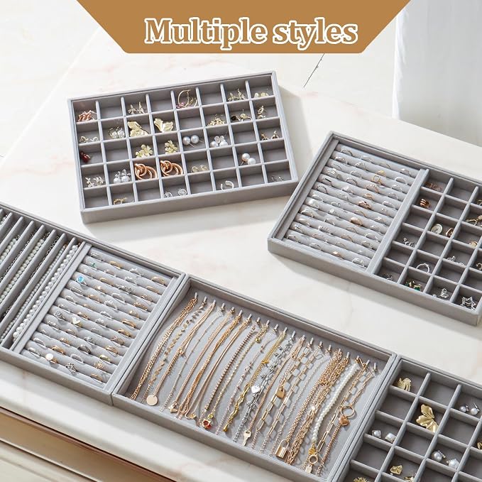 Large Velvet Jewelry Tray 2 Pack Stackable Jewelry Display Drawer Inserts Trays Organizer for Earring Bracelet Necklace Ring (Gray, 20 Hooks)