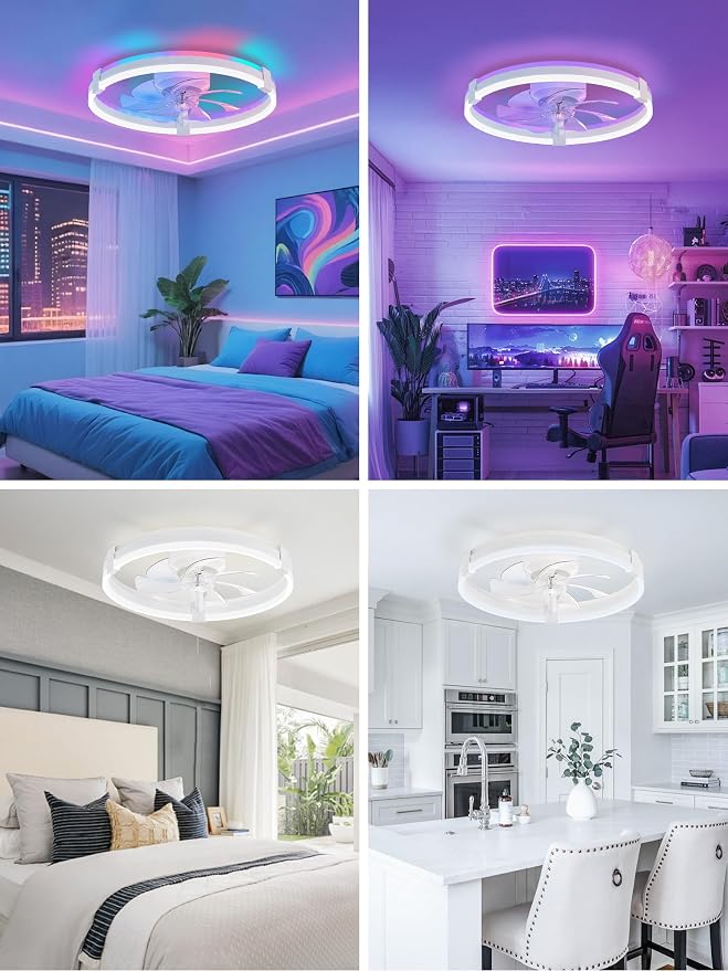 ZMISHIBO RGB Ceiling Fans with Lights and Remote, 20 inch Low Profile Ceiling Fan with Light, 3000K-6000K Dimmable & RGB, Modern Fandelier Flush Mount Ceiling Fan, Small LED Fan for Bedroom