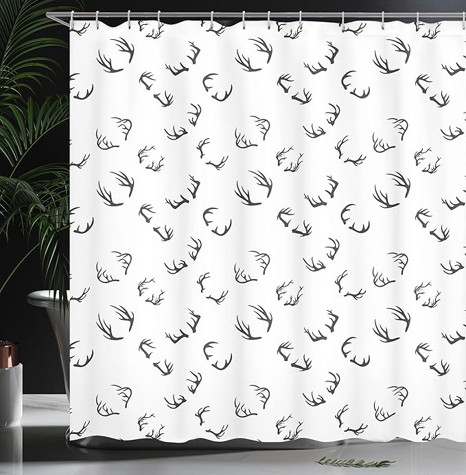 Ambesonne Deer Shower Curtain, Deer Horns Pattern Barbed Bone Winter Modern Simple Minimalistic Artwork, Cloth Fabric Bathroom Decor Set with Hooks, 69" W x 70" L, Grey Charcoal