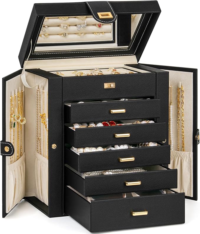 AKOZLIN 6-Tier Jewelry Box Organizer Functional 5 Drawers Leather Jewelry Storage Case for Women Girls Ring Necklace Earring Bracelet Holder Organizer with Mirror Medium Black