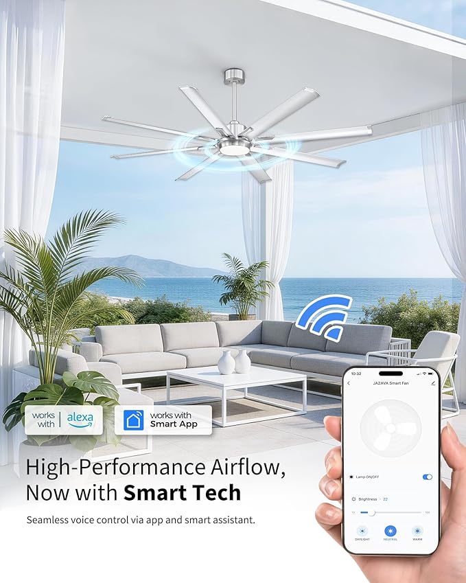 72 Inch Bruehed Nickel Ceiling Fan With Light,Smart Fan Work With Alexa,Industrial Ceiling Fan With 8 Aluminium Metal Blades,Ideal for Courtyard,Patio and Living Room,CF04BN-72