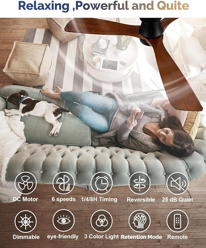 52 Inch Ceiling Fan with Lights, Remote Control, Flush Mount, Dimmable, Reversible, Wood Blades, Power-Off Memory, Quiet DC Motor, Modern Hugger Ceiling Fan for Living Room, Bedroom, Patio