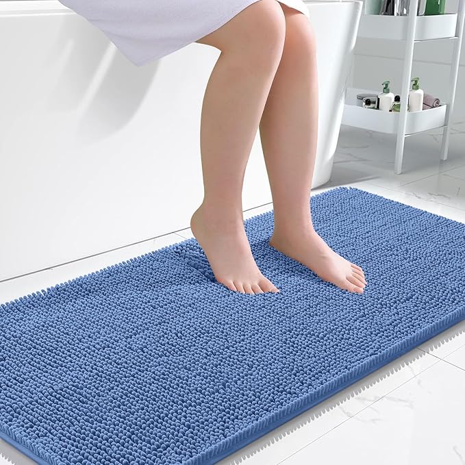 OLANLY Large Bathroom Rugs 45x27, Soft Absorbent Chenille Bath Rugs, Rubber Backing Quick Dry, Machine Washable Bath Mats for Bathroom Floor, Tub and Shower, Home Decor Accessories, Cornflower Blue
