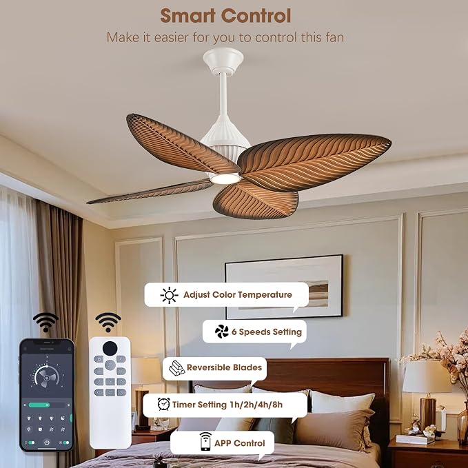 52"Tropical Ceiling Fans with Lights, Indoor Palm Leaf Ceiling Fan with Light and Remote for Living Room Bedroom, ABS Blades, Dimmable LED Lights, 6 Speeds, Adjustable Height-Light Wood Grain