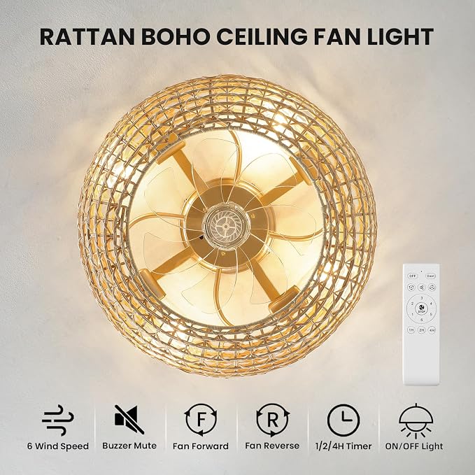 Boho Caged Ceiling Fan Light: 20" Rattan Ceiling Fan Lights Flush Mount Bladeless Fandelier with Remote/Timer/Reversible 6 Speeds/DC Motor Low Profile Small Ventilador de Techo for Bedroom Living Room