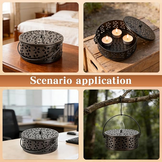 Mosquito Coil Holder,Portable Iron Incense Holder with Handle Round Heat-Resistant,Suitable for Indoor and Outdoor Camping(Bronze)
