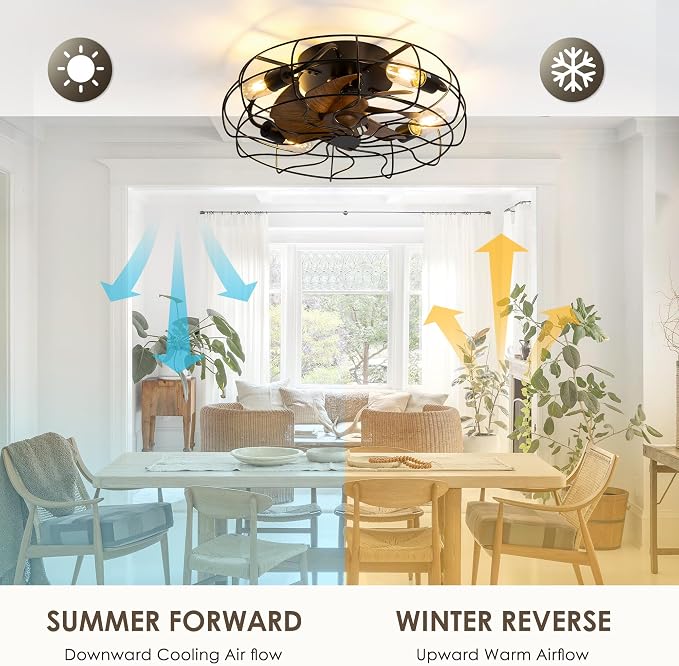 ZYD Caged Ceiling Fan with Light, 19" Caged Industrial Ceiling Fans with Lights and Remote Flush Mount, Small Farmhouse Ceiling Fan with Light Low Profile 6 Speed Reversible with Timing - Black