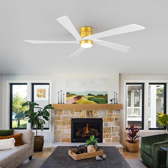EKIZNSN 72 Inch Modern Low Profile Ceiling Fan with Lights for Living Room, 5 Walnut Wood Blades, 6-Gear Speed, 110V Noiseless Reversible DC Motor (Gold Finish with White Blades)