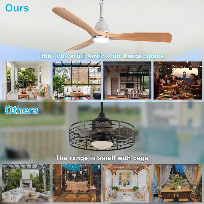 Depuley Outdoor Ceiling Fan with Lights: 52" Silver Gazebo Fans Outdoor Hanging with Remote APP Control - Plug in Waterproof Fans with Light for Patio Porch Reversible Wood Blades 3CCT 6 Speeds Timer