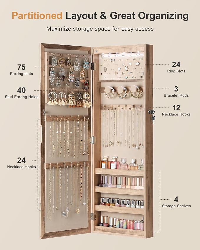 Nicetree 6 LEDs Jewelry Armoire, Hanging Mirror Jewelry Cabinet, Oak | Lockable Mirror with Jewelry Storage, Over the Door Jewelry Organizer, Gift Idea, Easy Assembly, Auto-on Light