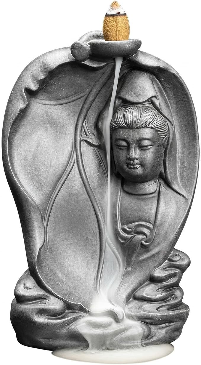 Ceramic Incense Burner, Waterfall Reflux Design, Aromatherapy Holder for Cones and Sticks, Dark Brown。 (XGY)