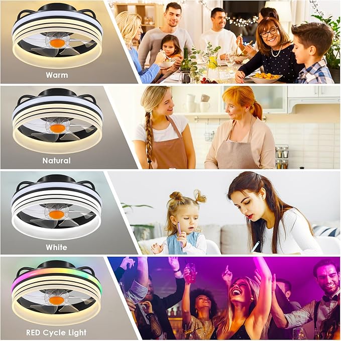 Mpayel RGB Ceiling Fans with Lights and Remote, 13" Low Profile Ceiling Fan | RGB, 6 Speeds, Dimmable, Reversible DC Motor, Modern Enclosed Flush Mount Ceiling Fan for Bedroom Kids Room