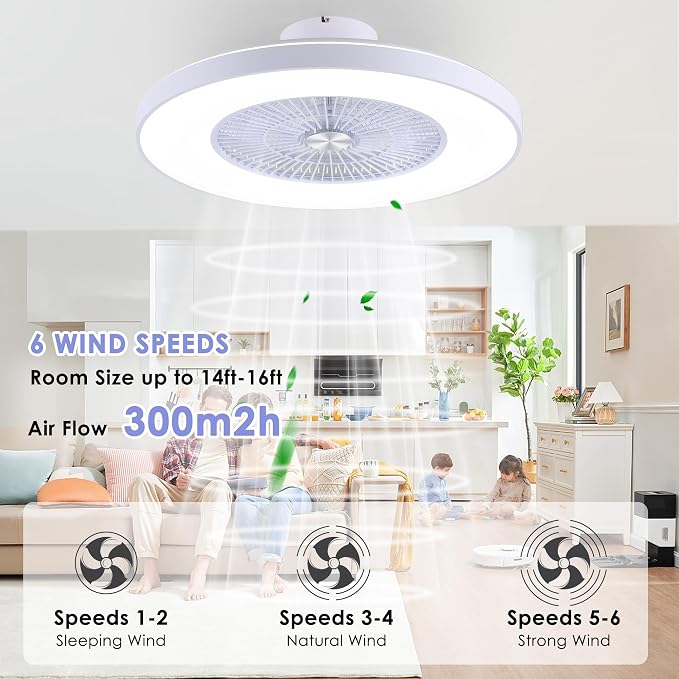 24" Bladeless Ceiling Fans with Lights and Remote/APP Control, Low Profile Ceiling Fan with 3-Dimmable Lights, Enclosed Flush Mount Ceiling Fan for Kid's Bedroom/Living Room