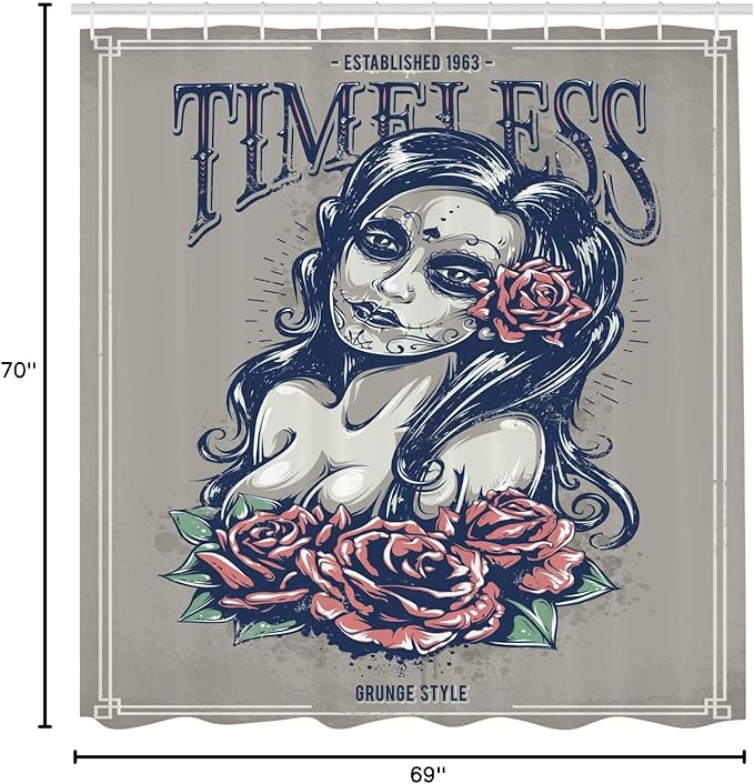 Ambesonne Skull Shower Curtain, Day of The Dead Girl with Tattoos Roses Lady Witch Woman Sign Art Print, Cloth Fabric Bathroom Decor Set with Hooks, 69" W x 70" L, Night Blue